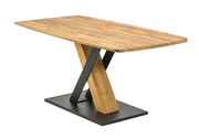 Moderner Esstisch aus Holz mit X-förmigem Metallgestell, seitliche Perspektive