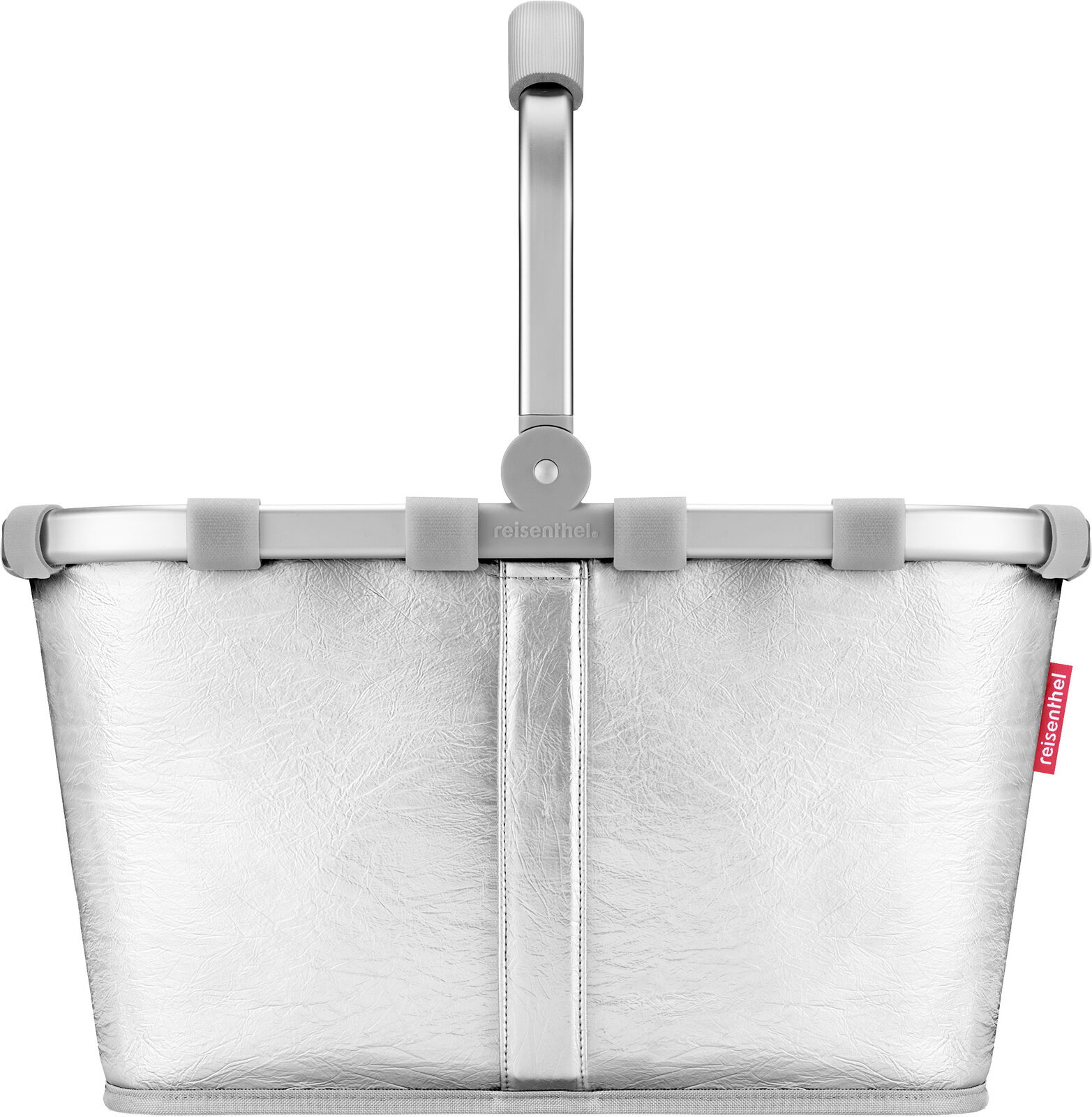Silberfarbener Einkaufskorb von reisenthel mit klappbarem grauen Griff und Metalloptik, Frontansicht