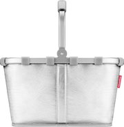 Silberfarbener Einkaufskorb von reisenthel mit klappbarem grauen Griff und Metalloptik, Frontansicht