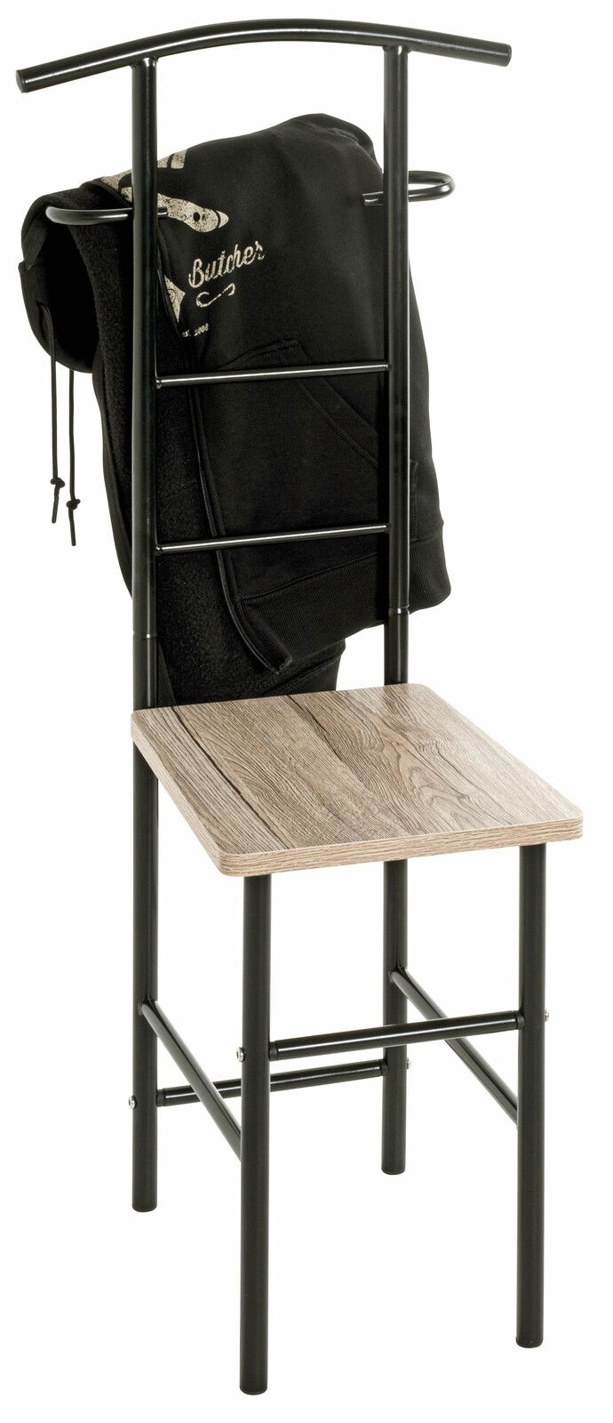 Herrendiener aus schwarzem Metall mit Holzsitzfläche, frontal abgebildet, mit schwarzer Jacke über der Rückenlehne.
