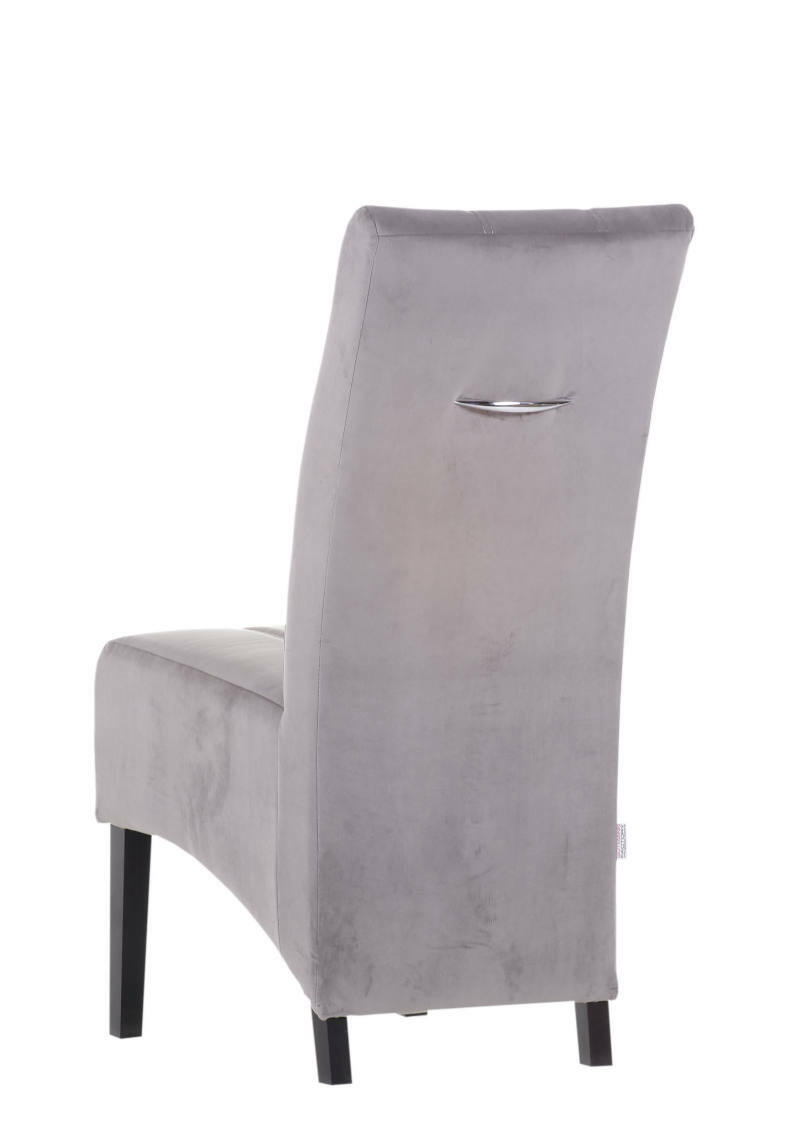 Rückansicht eines grauen Stuhls mit schwarzem Gestell und Griff an der Rückenlehne.