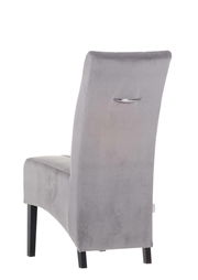 Rückansicht eines grauen Stuhls mit schwarzem Gestell und Griff an der Rückenlehne.