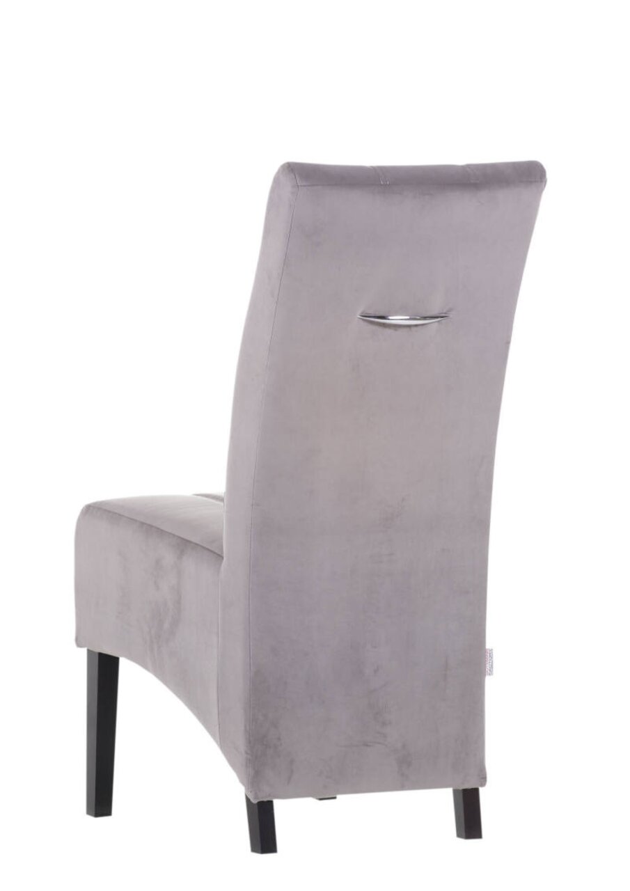 Rückansicht eines grauen Stuhls mit schwarzem Gestell und Griff an der Rückenlehne.