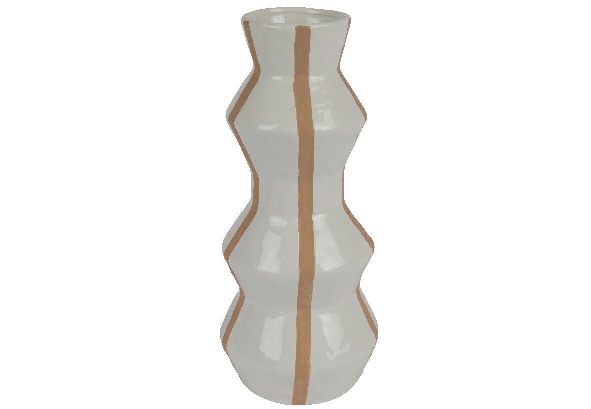 Weiße Vase mit braunen vertikalen Streifen, aus einer frontalen Perspektive fotografiert.