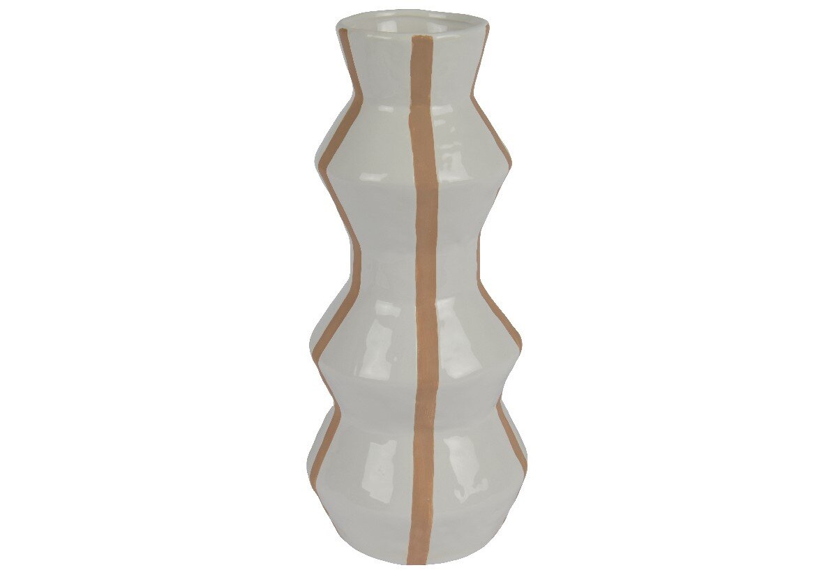 Decoris Vase Weiße Vase mit braunen vertikalen Streifen, aus einer frontalen Perspektive fotografiert.