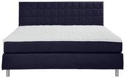 Frontale Ansicht eines Boxspringbetts mit dunkelblauem Stoffbezug und gestepptem Kopfteil.