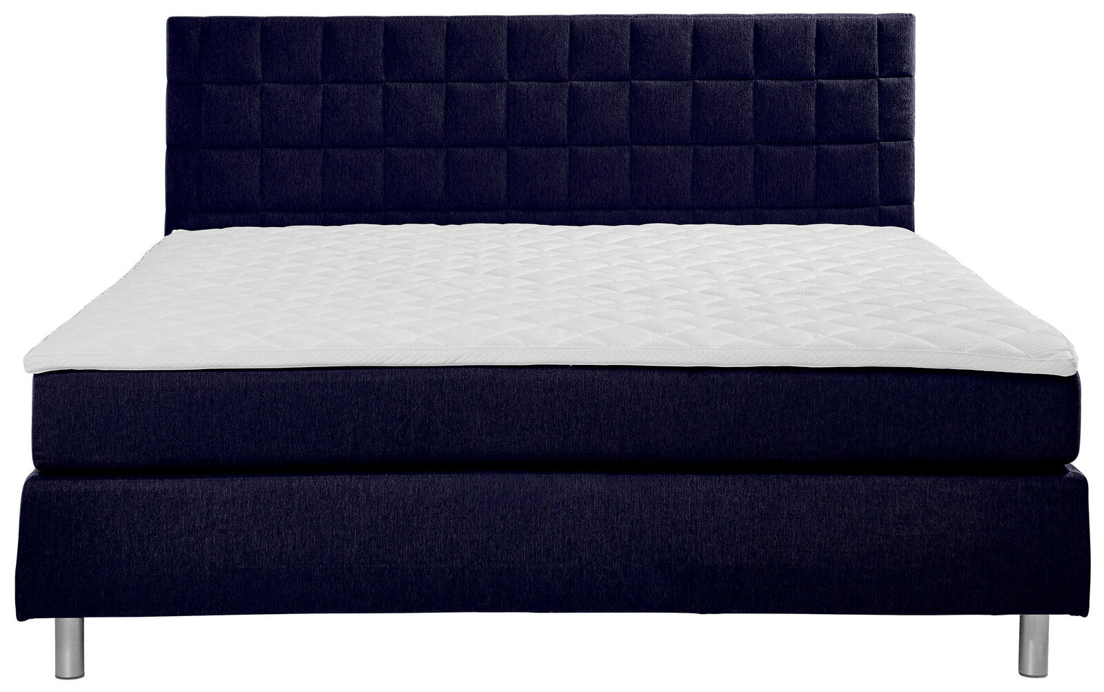 Frontale Ansicht eines Boxspringbetts mit dunkelblauem Stoffbezug und gestepptem Kopfteil.