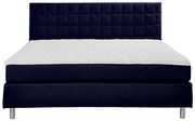 Frontale Ansicht eines Boxspringbetts mit dunkelblauem Stoffbezug und gestepptem Kopfteil.