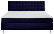 Frontale Ansicht eines Boxspringbetts mit dunkelblauem Stoffbezug und gestepptem Kopfteil.
