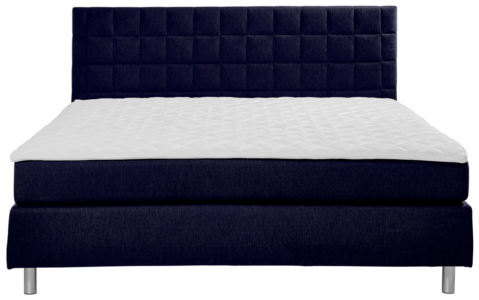 Frontale Ansicht eines Boxspringbetts mit dunkelblauem Stoffbezug und gestepptem Kopfteil.
