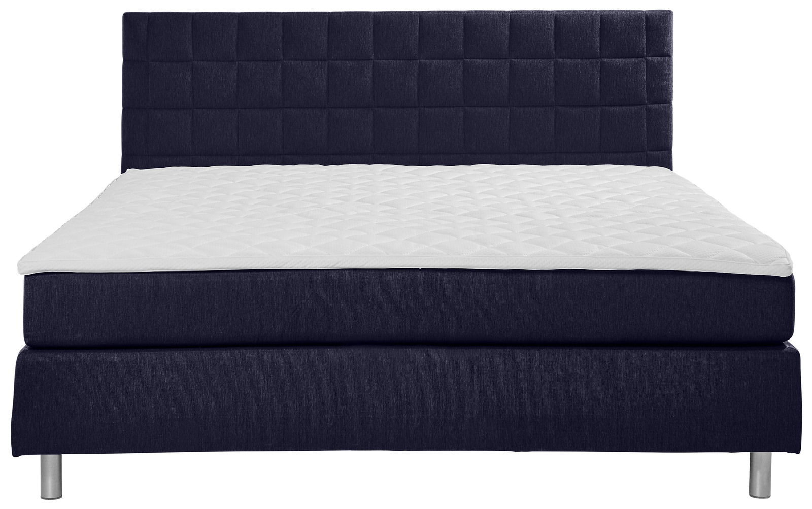 Frontale Ansicht eines Boxspringbetts mit dunkelblauem Stoffbezug und gestepptem Kopfteil.
