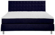 Frontale Ansicht eines Boxspringbetts mit dunkelblauem Stoffbezug und gestepptem Kopfteil.