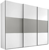 Moderano Schwebetürenschrank Serie PRIMO in Frontansicht mit drei Türen, weiß und grau gestaltet.