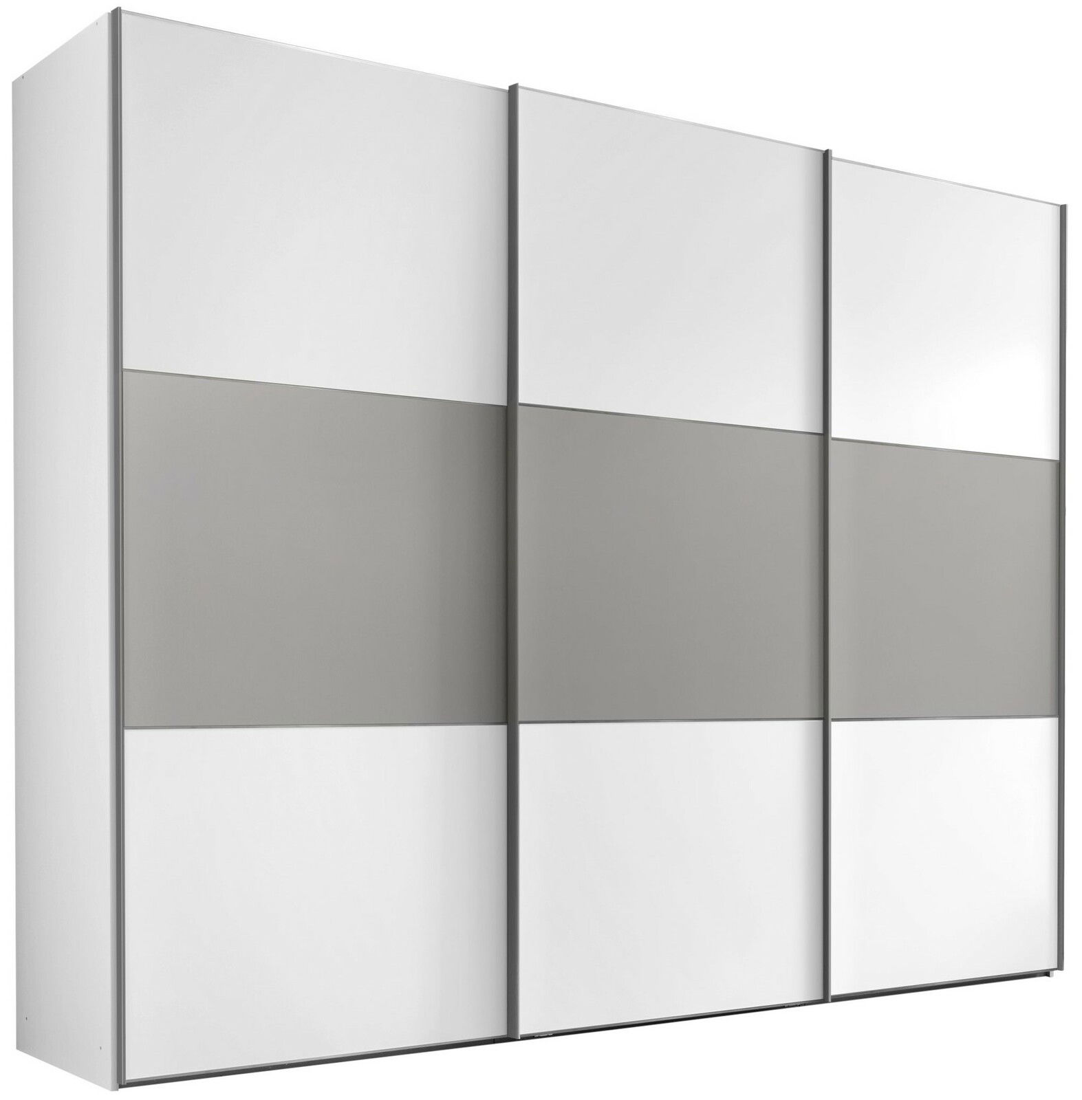 Moderano Schwebetürenschrank PRIMO Moderano Schwebetürenschrank Serie PRIMO in Frontansicht mit drei Türen, weiß und grau gestaltet.