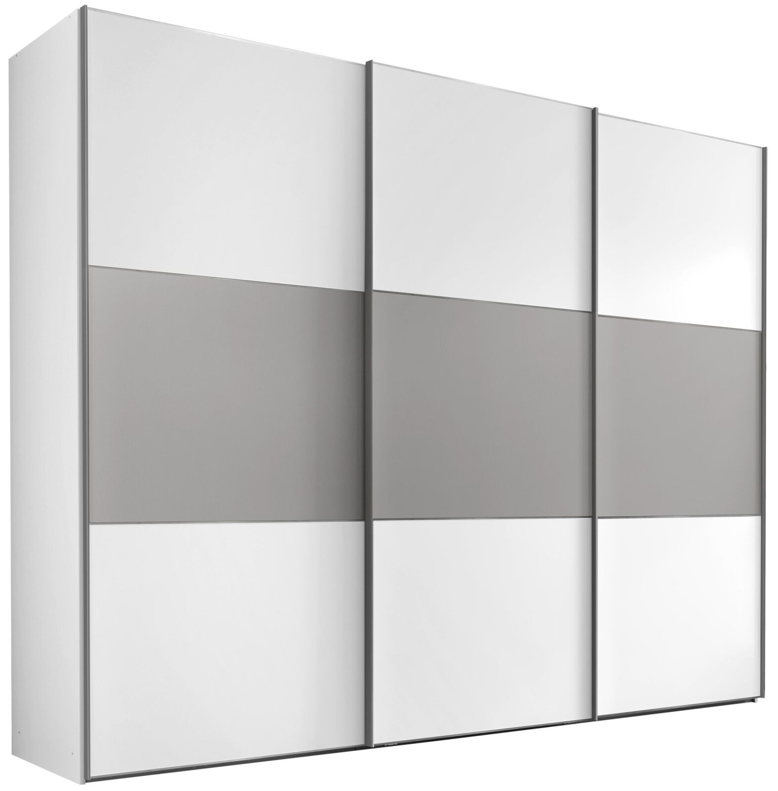 Moderano Schwebetürenschrank PRIMO Moderano Schwebetürenschrank Serie PRIMO in Frontansicht mit drei Türen, weiß und grau gestaltet.