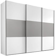 Moderano Schwebetürenschrank Serie PRIMO in Frontansicht mit drei Türen, weiß und grau gestaltet.