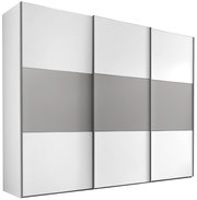 Moderano Schwebetürenschrank Serie PRIMO in Frontansicht mit drei Türen, weiß und grau gestaltet.
