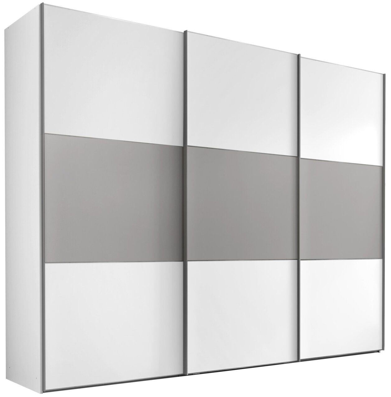 Moderano Schwebetürenschrank Serie PRIMO in Frontansicht mit drei Türen, weiß und grau gestaltet.