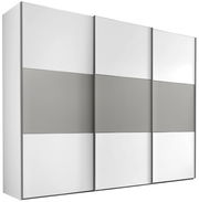 Moderano Schwebetürenschrank Serie PRIMO in Frontansicht mit drei Türen, weiß und grau gestaltet.