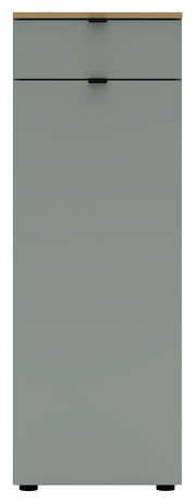 Frontansicht eines grauen Büroschranks mit zwei Schubladen und einer Holzoberfläche.