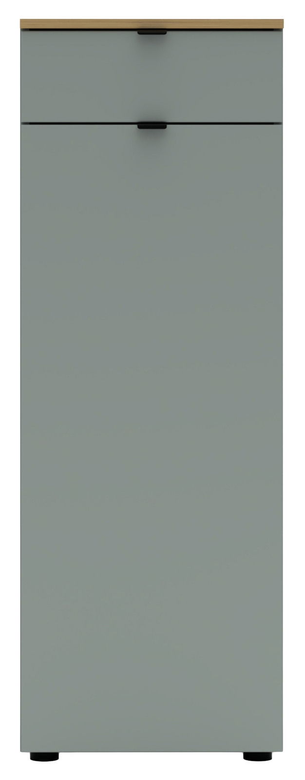 Frontansicht eines grauen Büroschranks mit zwei Schubladen und einer Holzoberfläche.