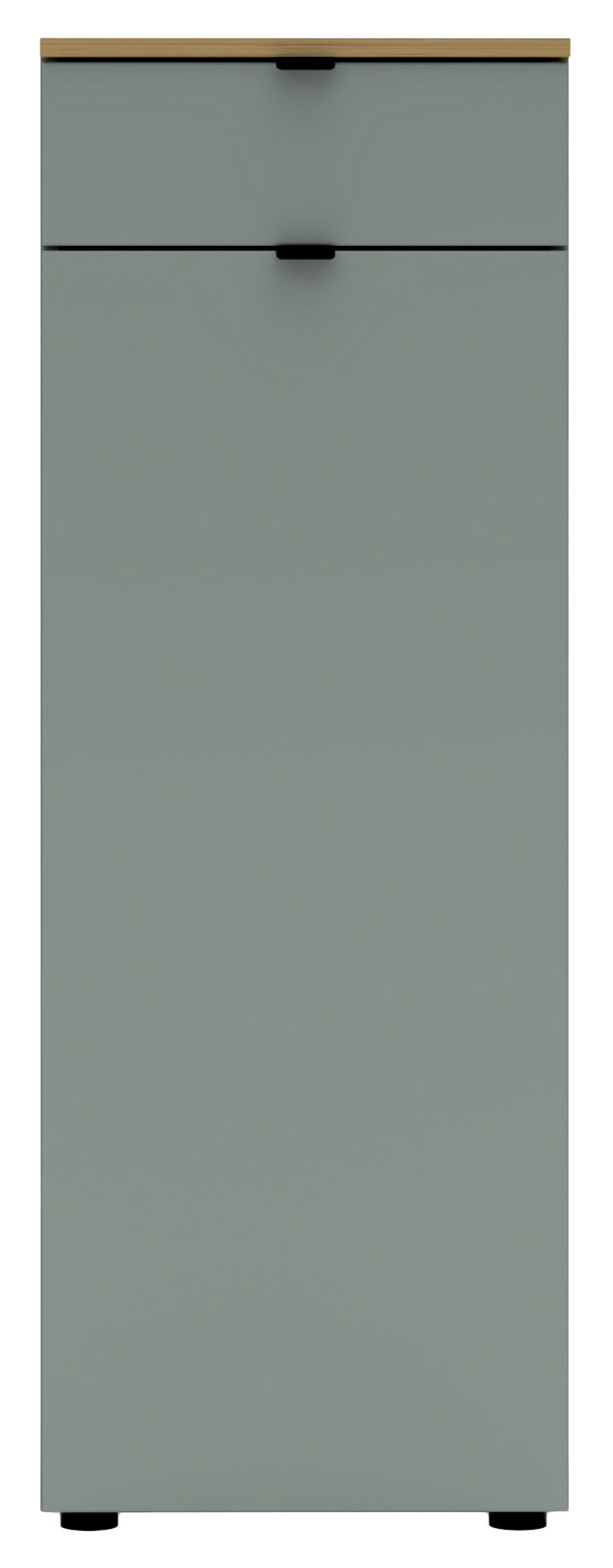 Frontansicht eines grauen Büroschranks mit zwei Schubladen und einer Holzoberfläche.