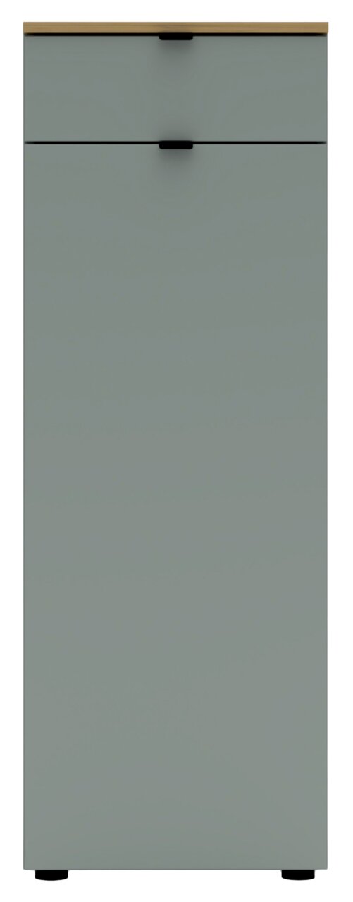 Frontansicht eines grauen Büroschranks mit zwei Schubladen und einer Holzoberfläche.