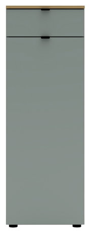 Frontansicht eines grauen Büroschranks mit zwei Schubladen und einer Holzoberfläche.