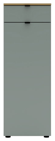 Frontansicht eines grauen Büroschranks mit zwei Schubladen und einer Holzoberfläche.