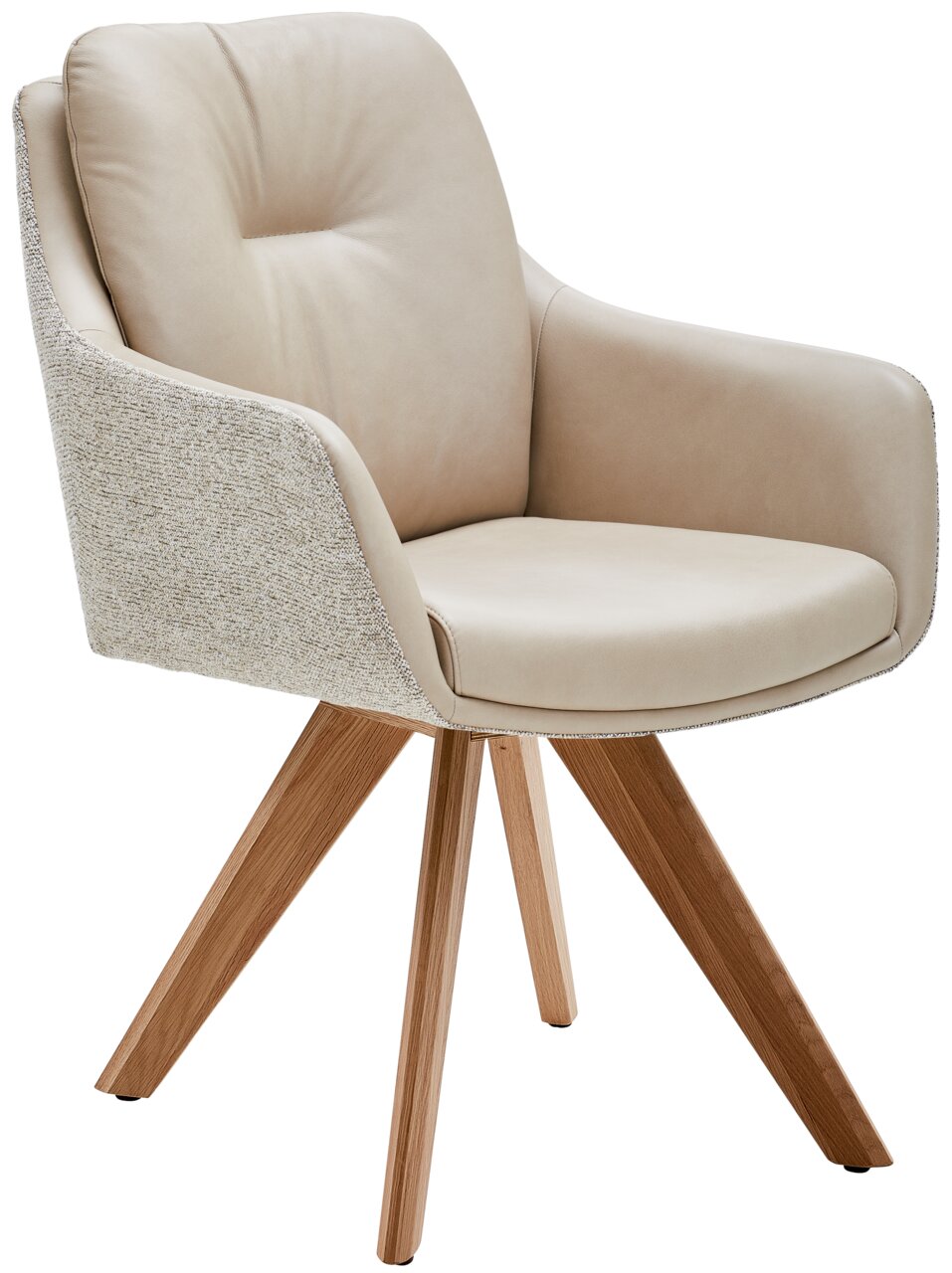 Moderner Armlehnstuhl mit beigem Polster und Holzbeinen, seitliche Perspektive