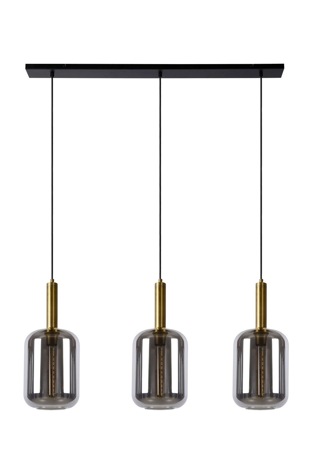 Drei moderne Pendelleuchten JOANET mit rauchgrauen Glaskörpern und goldenen Fassungen, von vorne betrachtet.