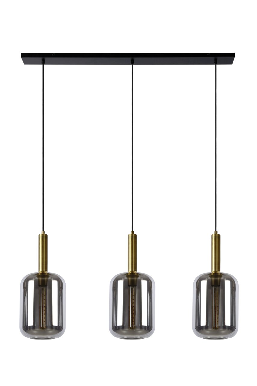 Drei moderne Pendelleuchten JOANET mit rauchgrauen Glaskörpern und goldenen Fassungen, von vorne betrachtet.