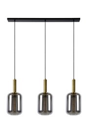Drei moderne Pendelleuchten JOANET mit rauchgrauen Glaskörpern und goldenen Fassungen, von vorne betrachtet.