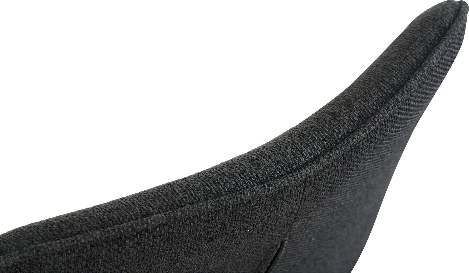 Nahaufnahme der oberen Rückenlehne eines dunkelgrauen, stoffbezogenen Stuhls mit feiner Webstruktur, schräg von der Seite/oben fotografiert.
