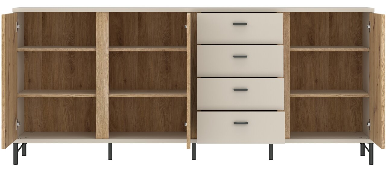 Frontale Ansicht eines Sideboards mit offenen Türen und Schubladen, Holzoptik mit weißen Fronten.