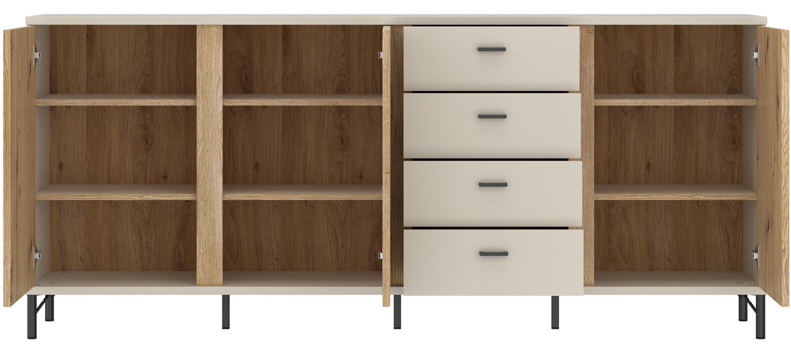 Frontale Ansicht eines Sideboards mit offenen Türen und Schubladen, Holzoptik mit weißen Fronten.
