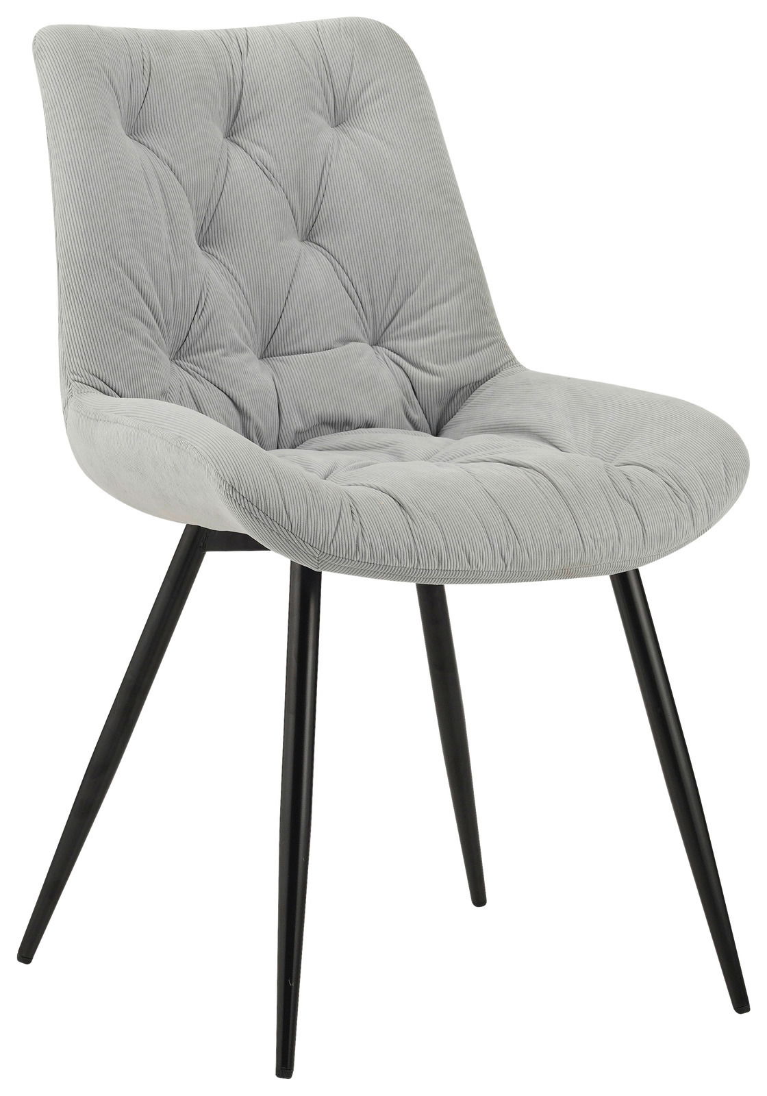 Grauer, gepolsterter Stuhl mit schwarzem Metallgestell, seitliche Perspektive