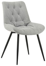 Grauer, gepolsterter Stuhl mit schwarzem Metallgestell, seitliche Perspektive