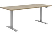 Moderner E-Schreibtisch mit Holzoberfläche und silbernem Metallgestell, seitliche Perspektive