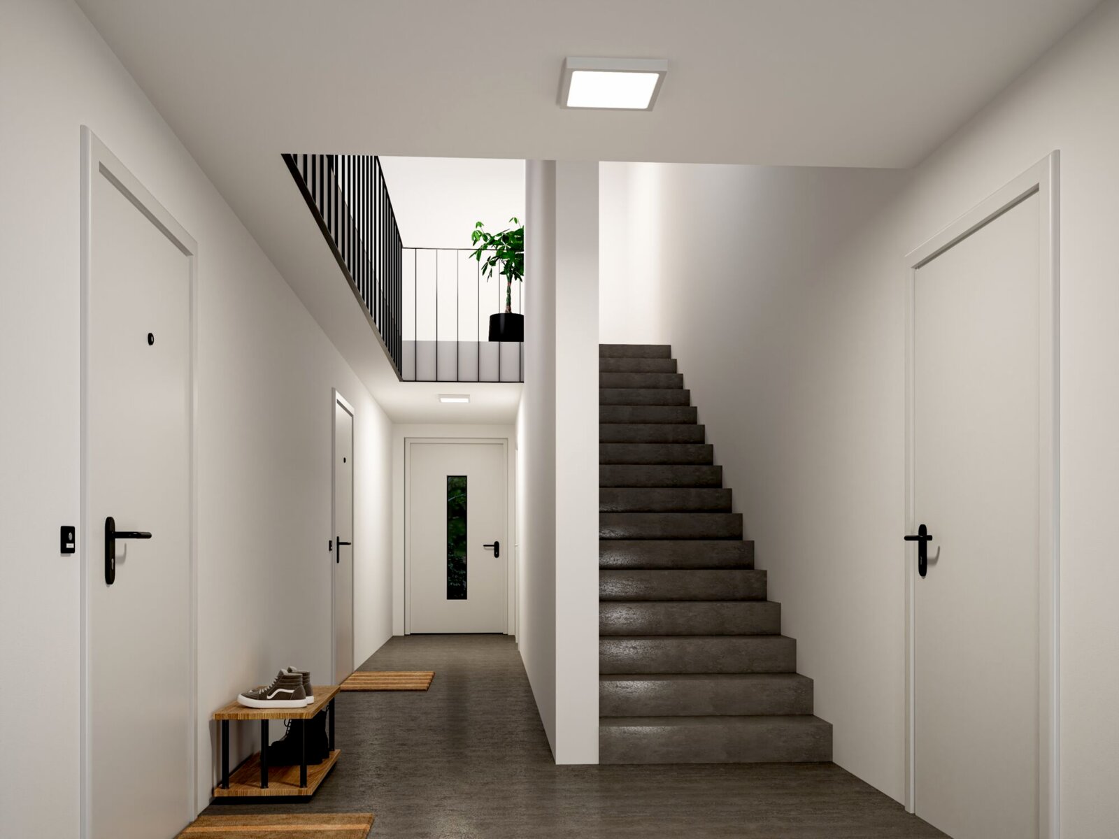 Modernes, helles Treppenhaus mit weißer Decke, quadratischer LED-Deckenleuchte, grauer Treppe und Flur mit Türen; Perspektive: Frontalansicht aus Augenhöhe in den Flur Richtung Treppe.