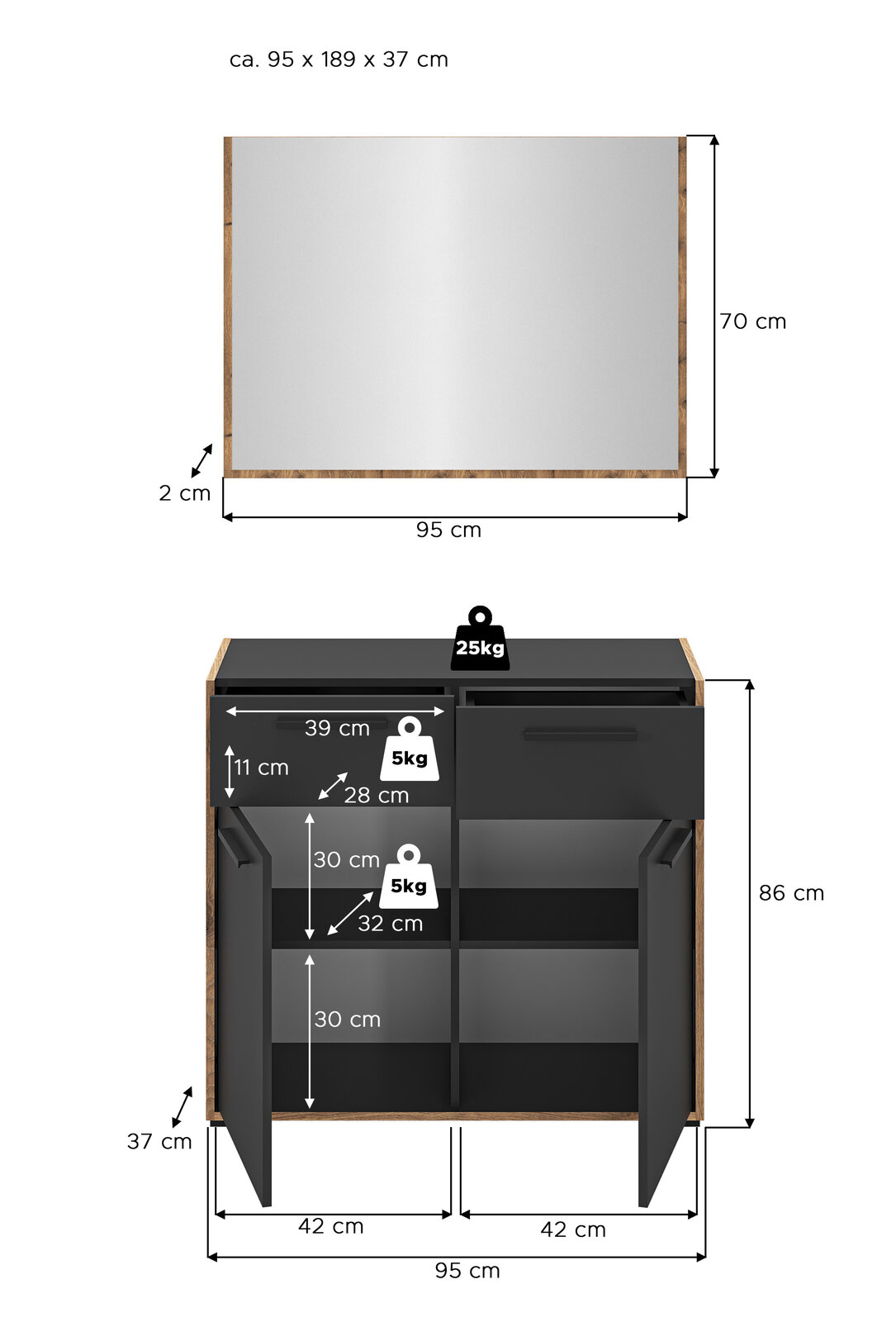 Maßgrafik eines rechteckigen Wandspiegels mit Holzrahmen (ca. 95 × 70 cm, Rahmenstärke ca. 2 cm) sowie eines passenden Sideboards/Schranks in Schwarz-Holzoptik (ca. 95 × 86 × 37 cm) mit geöffneten Türen, Innenfächern und Schublade inkl. Belastungsangaben 