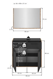 Maßgrafik eines rechteckigen Wandspiegels mit Holzrahmen (ca. 95 × 70 cm, Rahmenstärke ca. 2 cm) sowie eines passenden Sideboards/Schranks in Schwarz-Holzoptik (ca. 95 × 86 × 37 cm) mit geöffneten Türen, Innenfächern und Schublade inkl. Belastungsangaben
