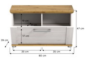 Sitzbank mit Holzoberfläche und Stauraum, Frontansicht, Maße: 80 cm Breite, 47 cm Höhe, 39 cm Tiefe
