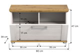 Sitzbank mit Holzoberfläche und Stauraum, Frontansicht, Maße: 80 cm Breite, 47 cm Höhe, 39 cm Tiefe