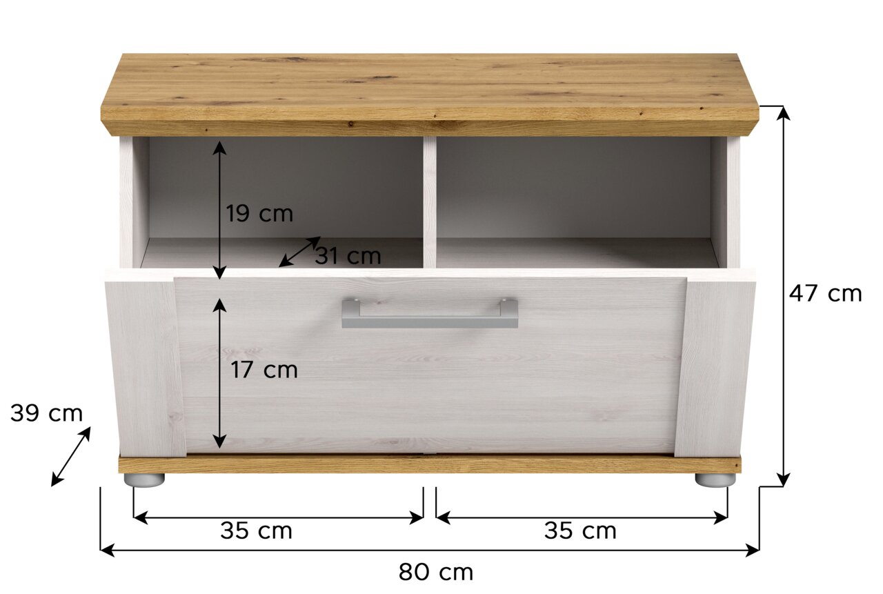 Sitzbank mit Holzoberfläche und Stauraum, Frontansicht, Maße: 80 cm Breite, 47 cm Höhe, 39 cm Tiefe