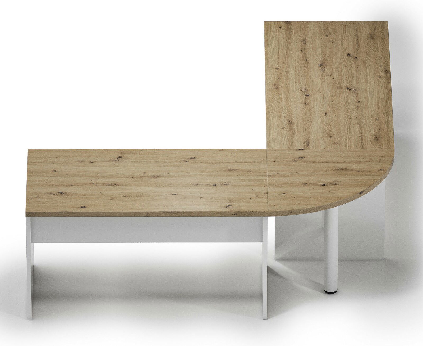 L-förmiger Wangenschreibtisch mit Holzoptik von oben betrachtet, kombiniert mit weißen Elementen.