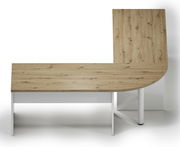 L-förmiger Wangenschreibtisch mit Holzoptik von oben betrachtet, kombiniert mit weißen Elementen.