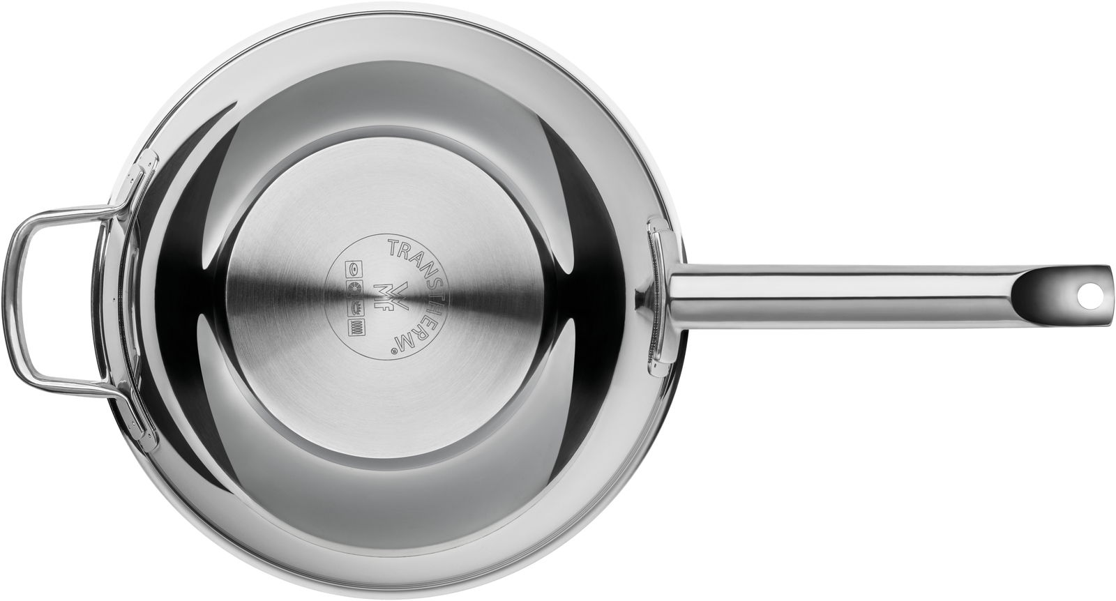 Ansicht von oben auf eine glänzende Edelstahl-Wokpfanne mit langem Griff und zusätzlichem Haltegriff.