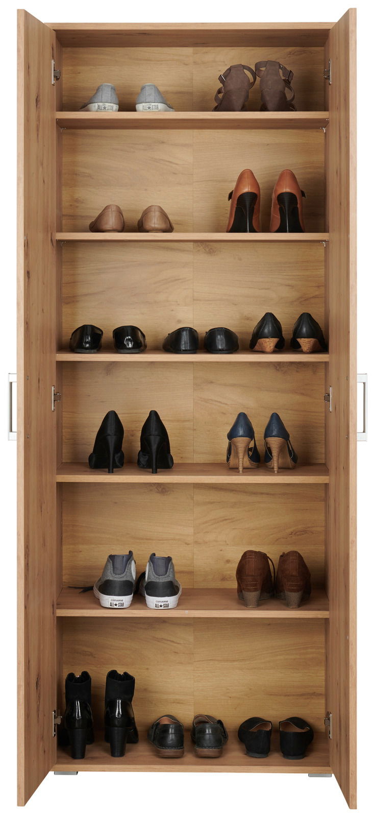 Offener XL-Schuhschrank aus Holz mit mehreren Regalböden, gefüllt mit verschiedenen Schuhen, frontal betrachtet.