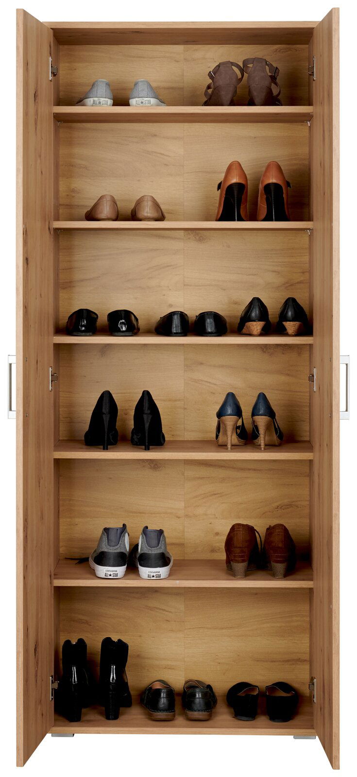 Offener XL-Schuhschrank aus Holz mit mehreren Regalböden, gefüllt mit verschiedenen Schuhen, frontal betrachtet.